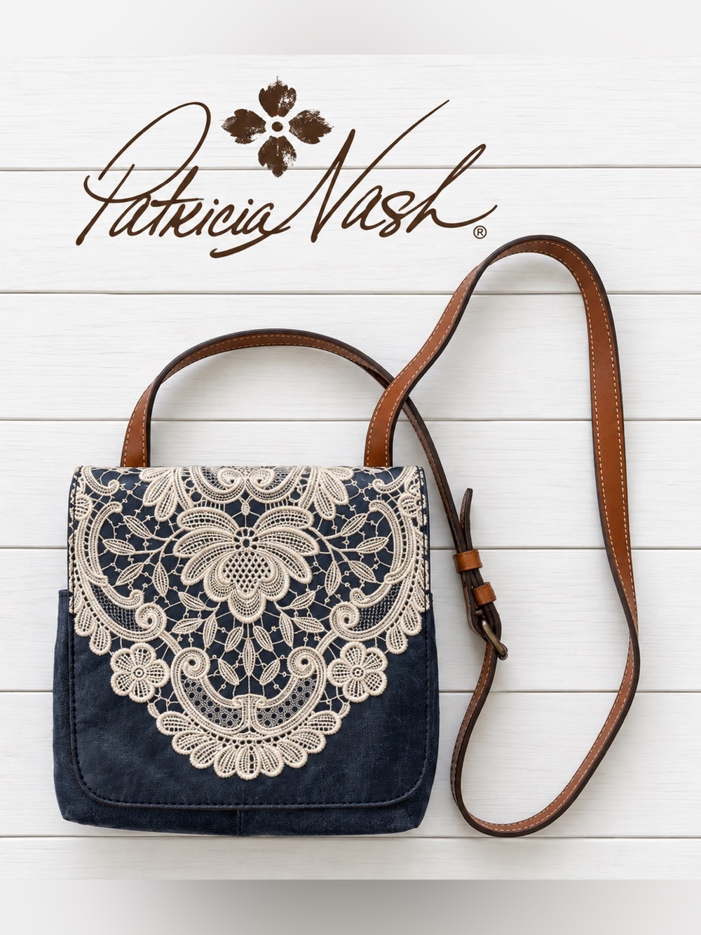 Patricia Nash Navy Crossbody with Cream Lace Overlay and Brown Leather Strap